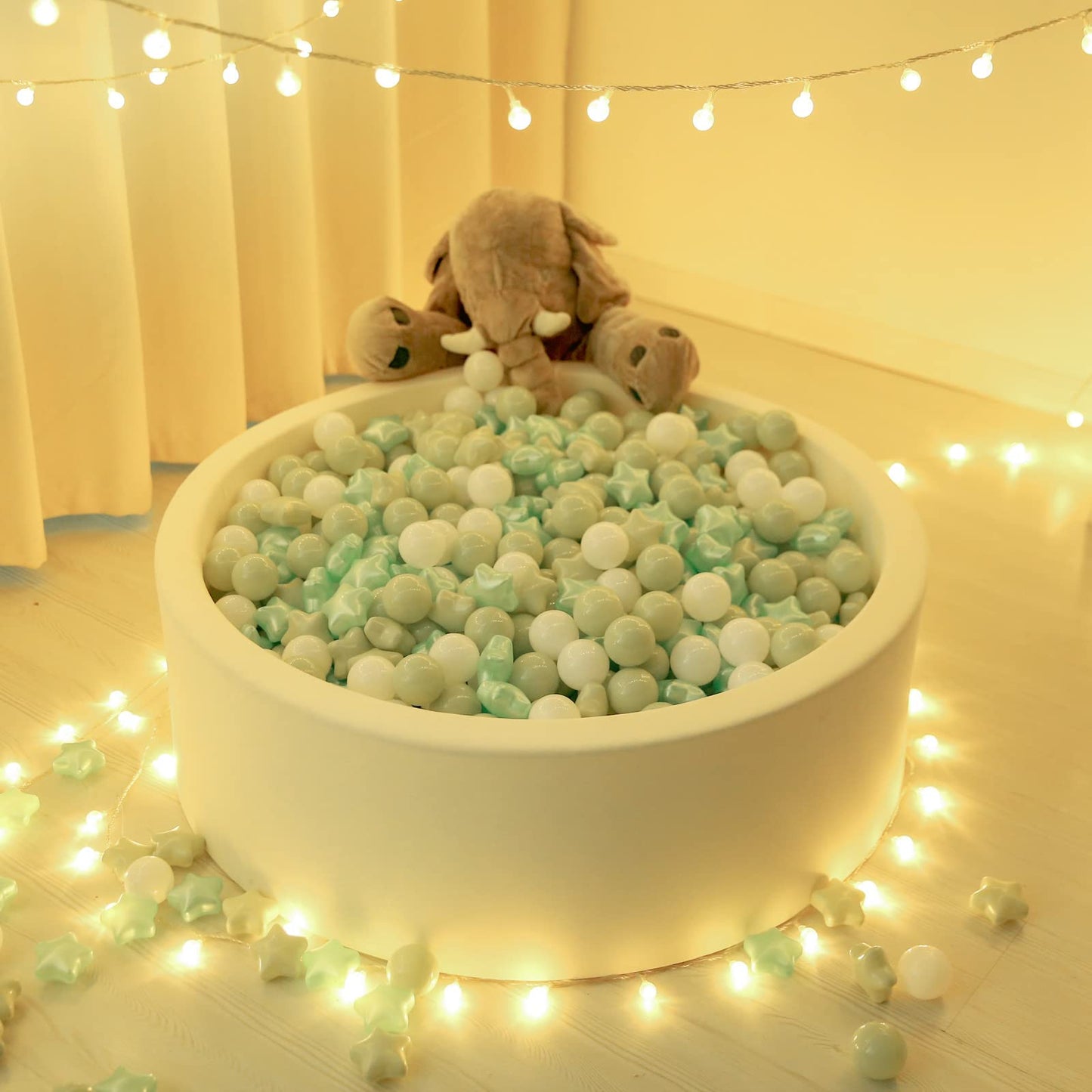 TRENDPLAY Star Ball Pit Balls for Toddlers - 100 Count Star Balls Different Shapes, Non-Toxic Plastic Balls for Boys Girls Festival Party Decoration, Pearl Green+Macaron Green