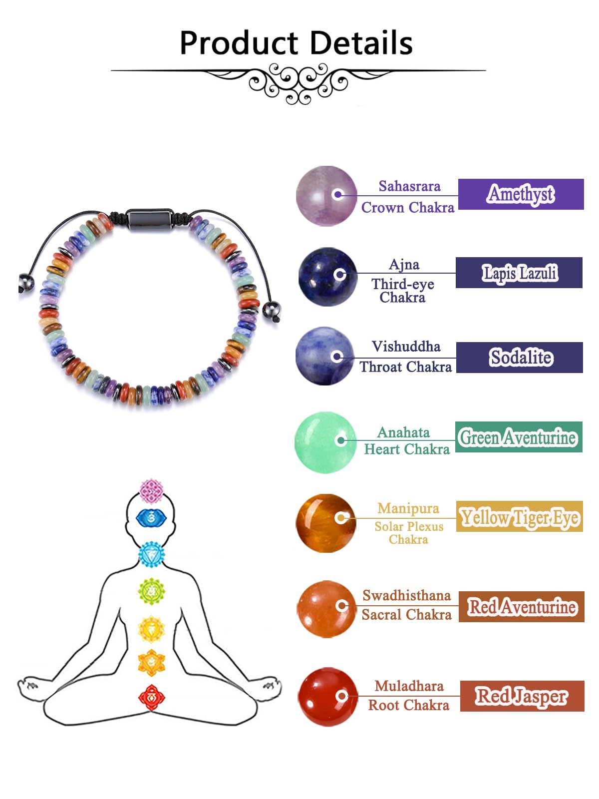 Jovivi Chakra Bracelets for Women Adjustable 7 Chakra Healing Crystals Beaded Bracelet Natural Stone Beads Bracelet for Men Women Anxiety Relief