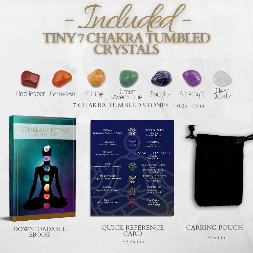 Crystals and Healing Stones Premium Kit Velvet Pouch - 7 Chakra Stones Healing Crystals Set, Ebook, Gift (Tiny 7 Chakra Stones)