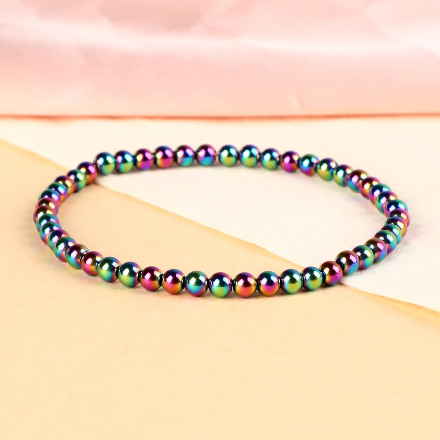 LPBeads Handmade Natural Gemstone Stretch Elastic 4mm Rainbow Coated Hematite Bracelet Healing Crystal Round Stone Beads Jewelry Gifts for Women Men