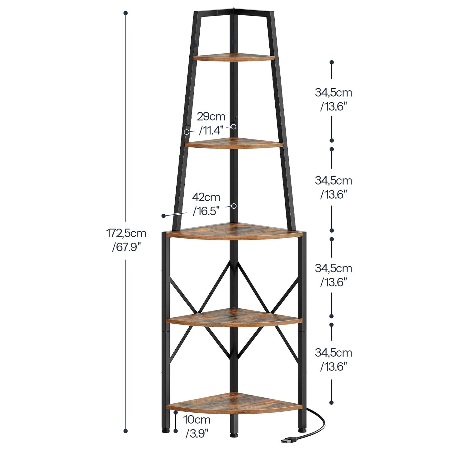 HOOBRO 5-Tier Corner Shelf with Lights, 67.9” Tall Corner Shelf Stand, Industrial Corner Bookshelf, Corner Plant Stand Display Shelf, for Living Room, Kitchen, Home Office, Rustic Brown BF120DCJ01