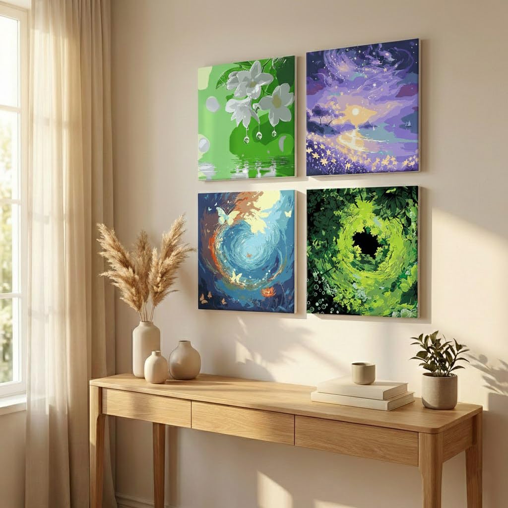 YONEYO 4 Pack Framed Paint by Numbers for Adults, Magical Forest & Starry Night Landscape Acrylic Canvas Painting with Easels, Fantasy Nature Scenery Wall Art Decor, 8x8 Inch
