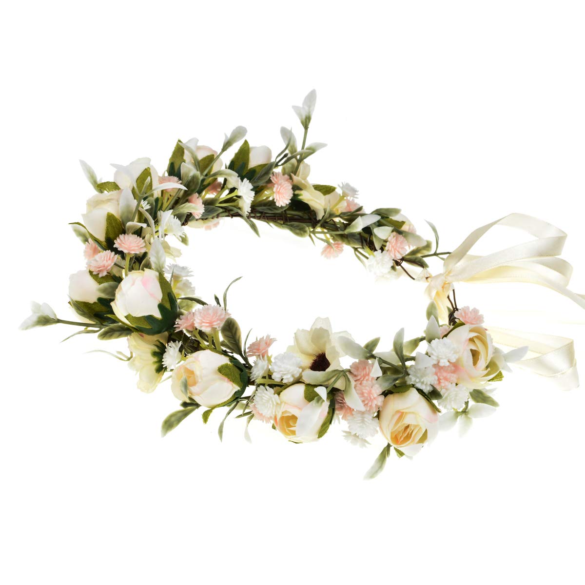 Floral Fall Camellia Flower Crown Rose Headpiece Wedding Bridal Flower Girl Halo Maternity Photo Props FL-03 (Ivory Flower withBabysbreath)