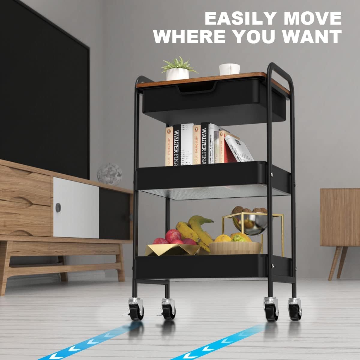 Aratan 3 Tier Rolling Cart with Drawer, Metal Utility Cart on Wheels Storage Cart with Wood Top, Kitchen Cart Art Cart Organizer for Bathroom Office Balcony Living Room