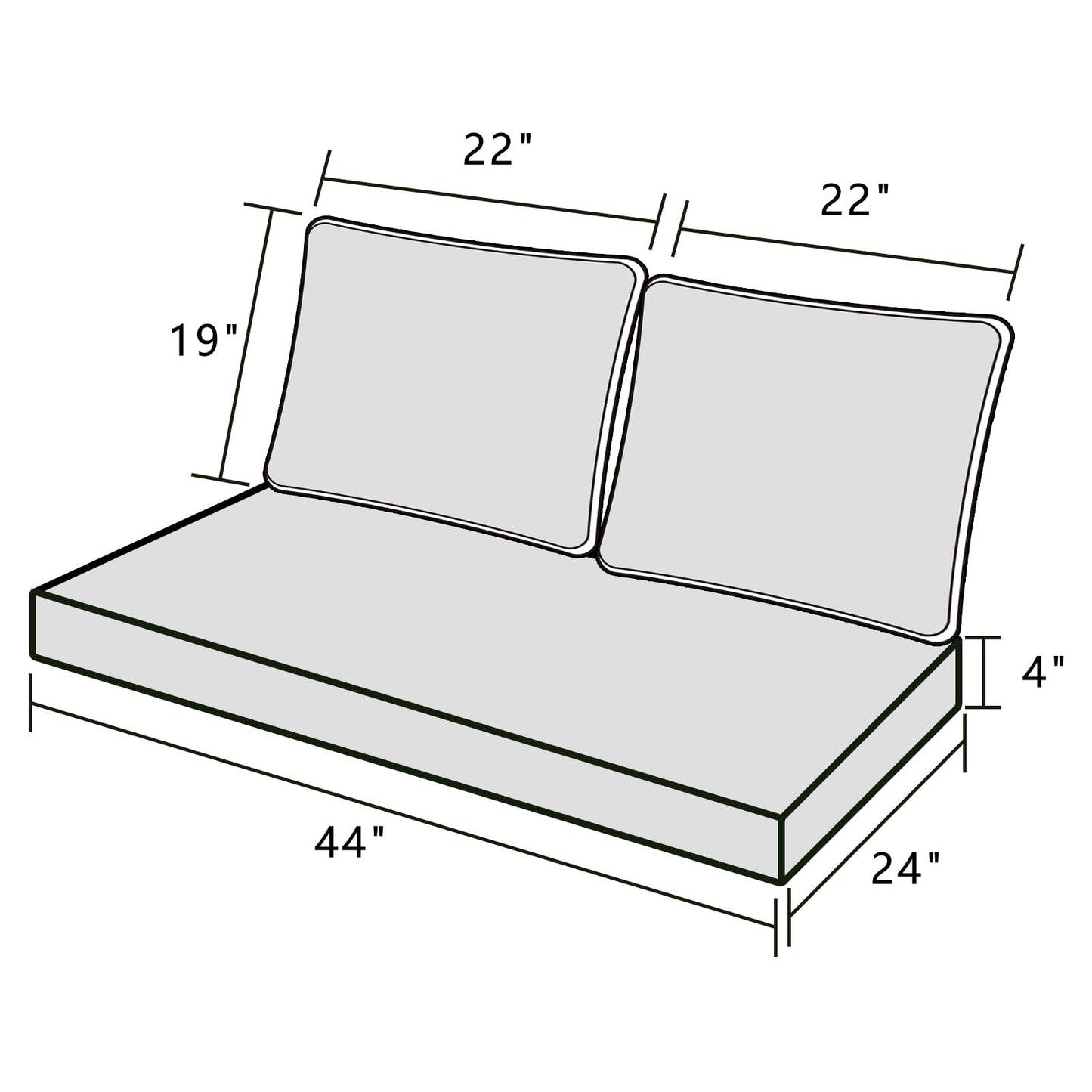 Outdoor Loveseat Cushion Set 44'' x 24'', Outdoor Cushions for Patio Furniture with Fastness Cover, Water Repellent Outdoor Seat Cushion and Couch Back Cushions for Bench, and Swing (Solid Dark Grey)