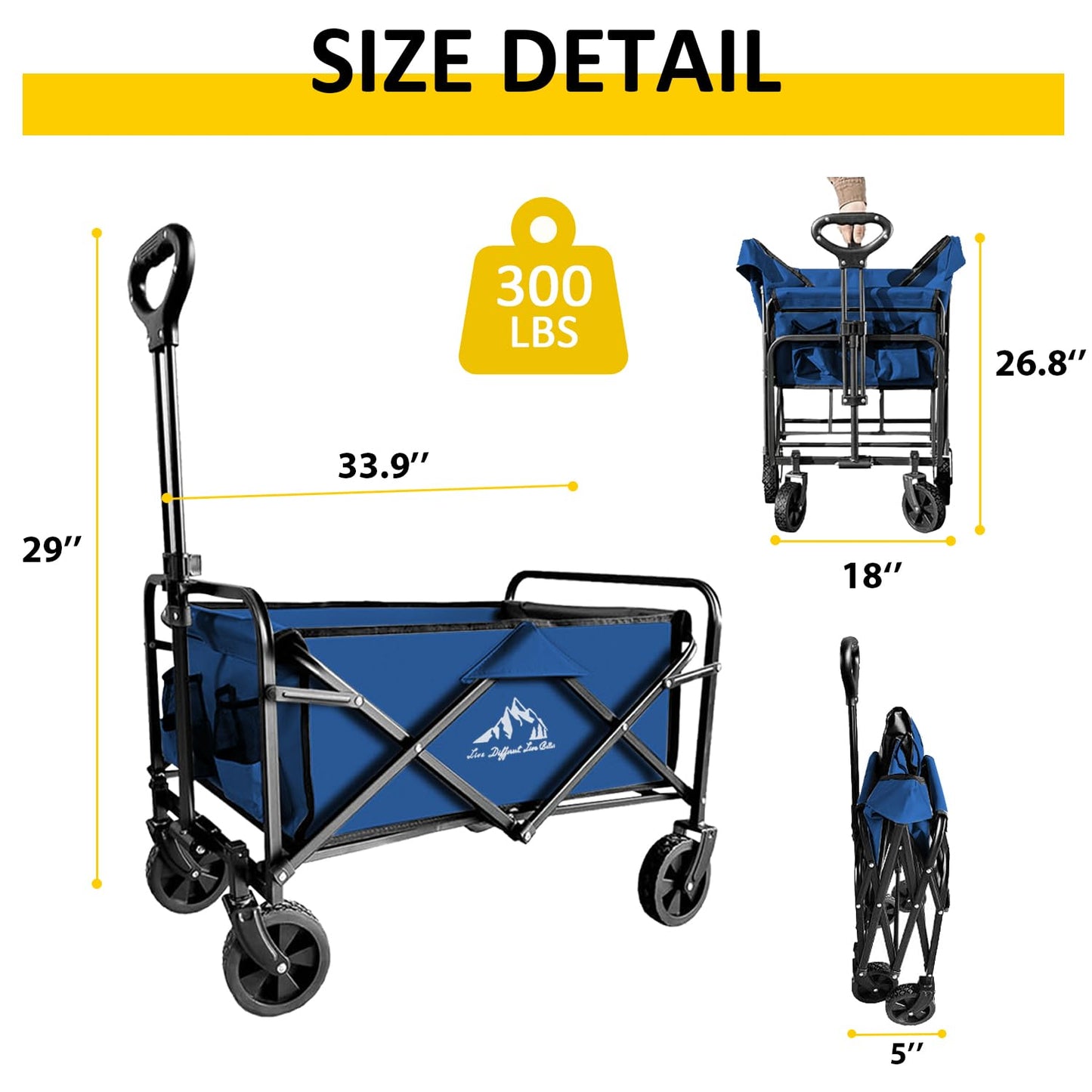 SAILARY Collapsible Utility Cart Folding Wagon, 320lbs Capacity Lightweight Rolling Cart with Quiet Wheels, Quick-Fold Design for Camping, Shopping, Ourdoor Use, Blue 2PCS