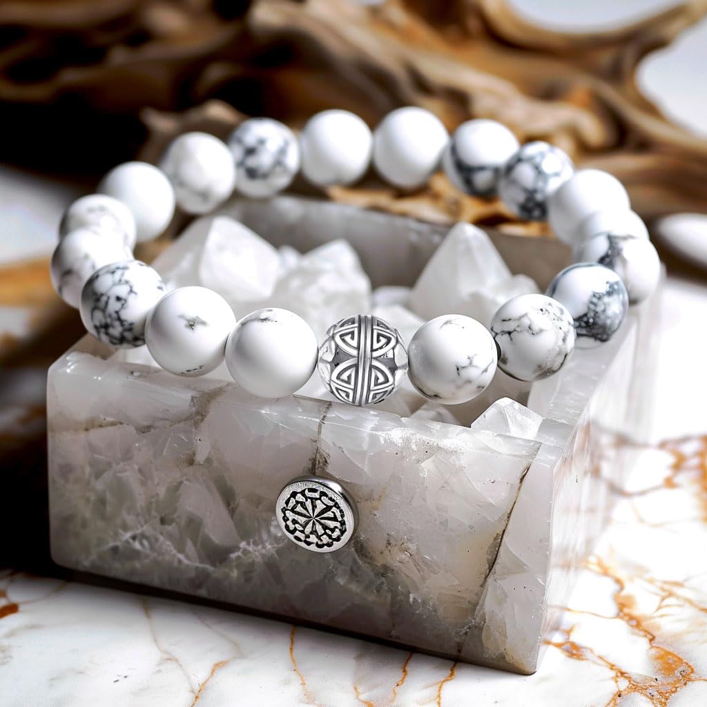 MetJakt Healing Crystals Beaded Bracelets for Womens Natural Gemstone 8mm Beads Stretch Bracelets with 925 Sterling Silver Double Happiness Pendant (Howlite)