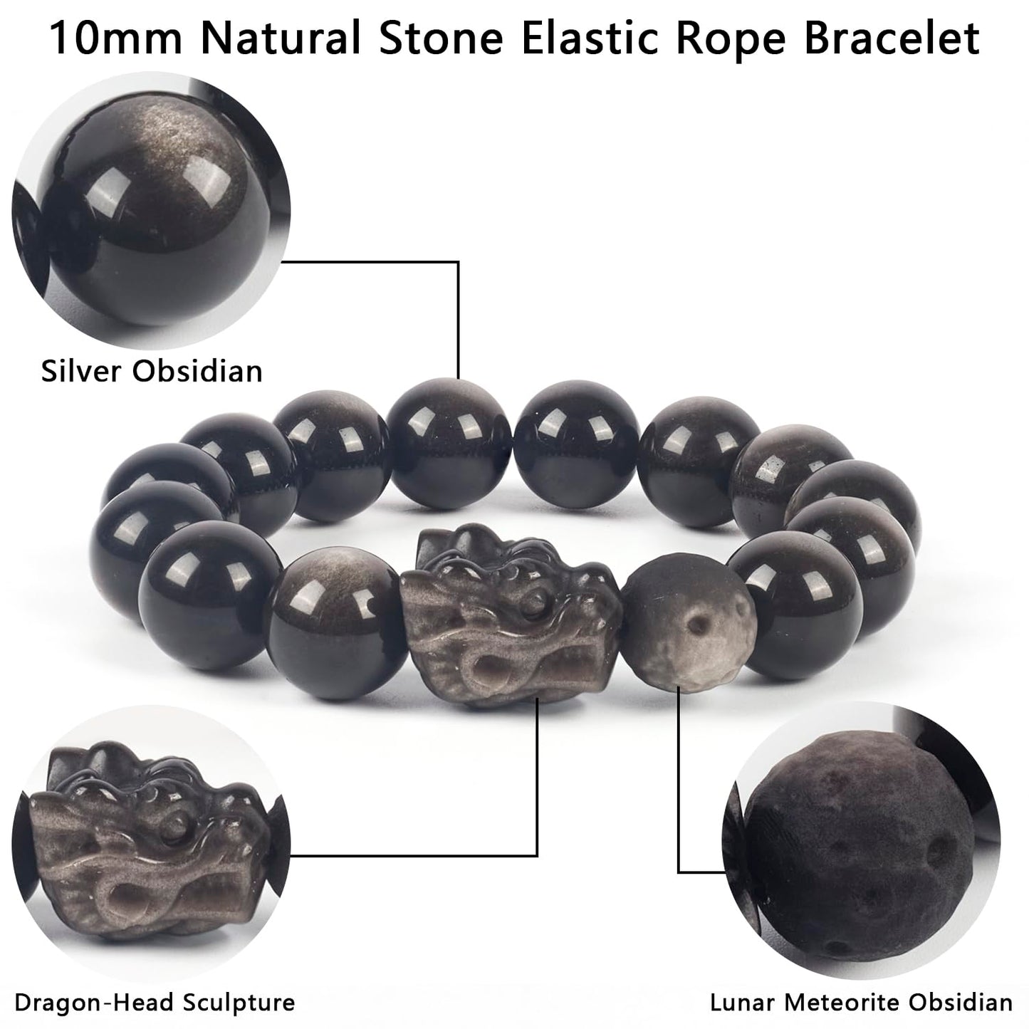 Natural Obsidian Bracelet For Men 10MM | Adjustable Stone Beaded Bracelet | Handmade Obsidian Stretch Elastic Bracelet for Men Women Gifts | with Dragon-Head Sculpture | Black and Silver 7.5"