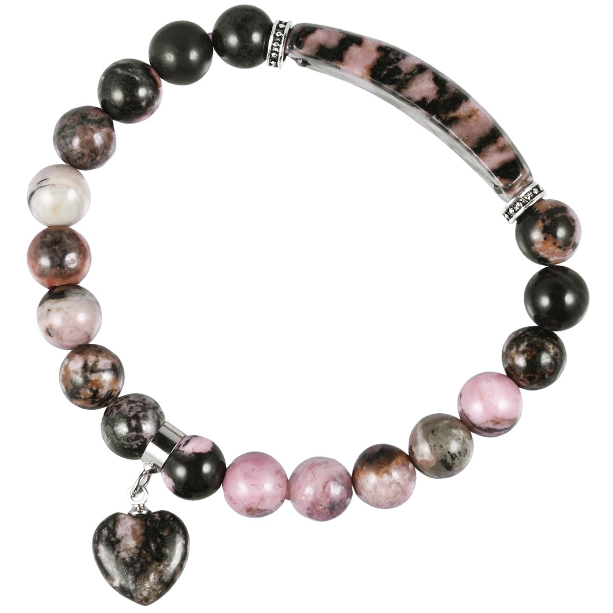 TUMBEELLUWA Healing Stone Bracelet 8mm Beads Chakra Crystal Energy Heart Charm Bracelet Handmade Jewelry for Women, Rhodonite