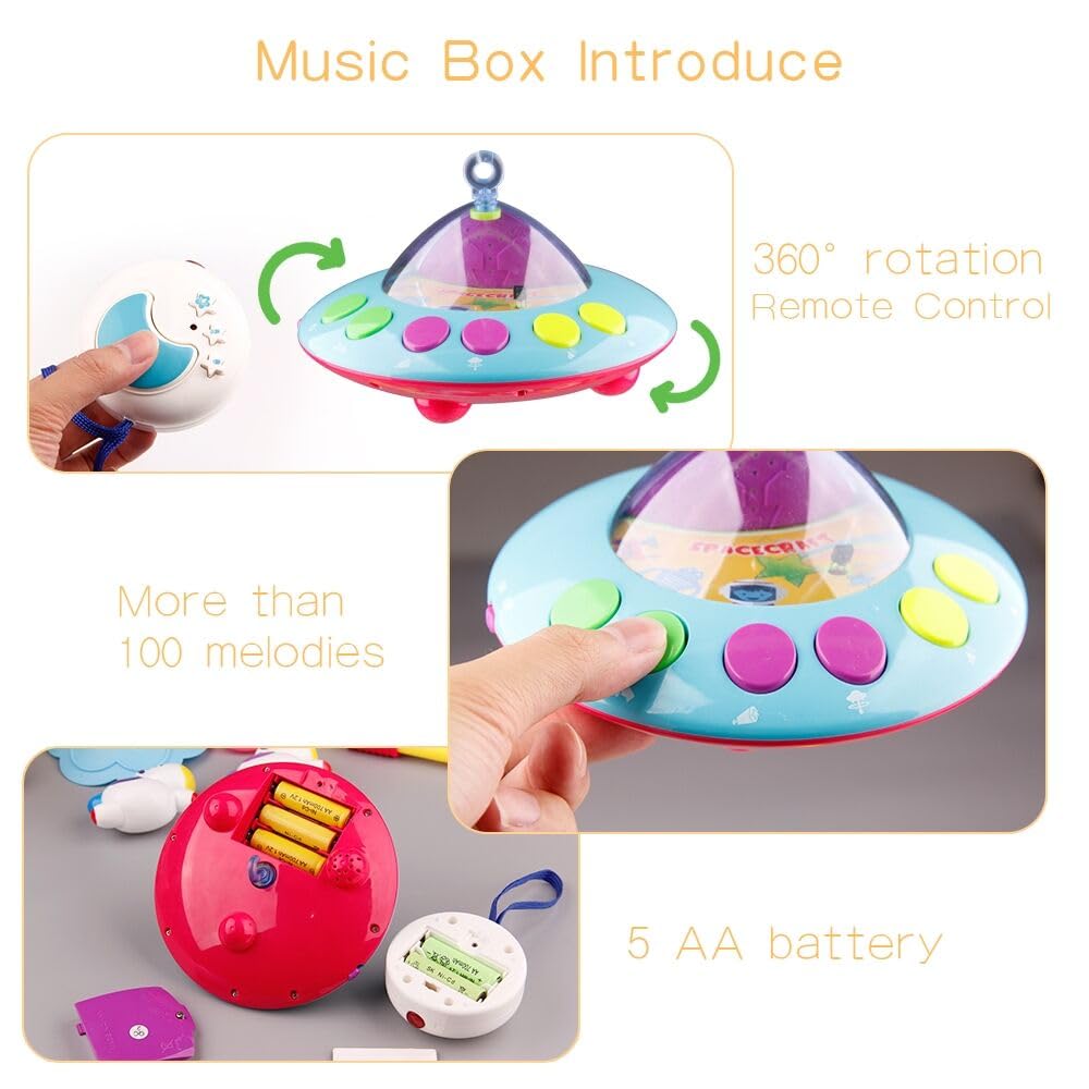 Mini Tudou Musical Baby Crib Mobile Toy with Lights and Music, Star Projector Function and Cartoon Rattles, Remote Control Musical Box with 108 Melodies, Toy for Newborn Sleep