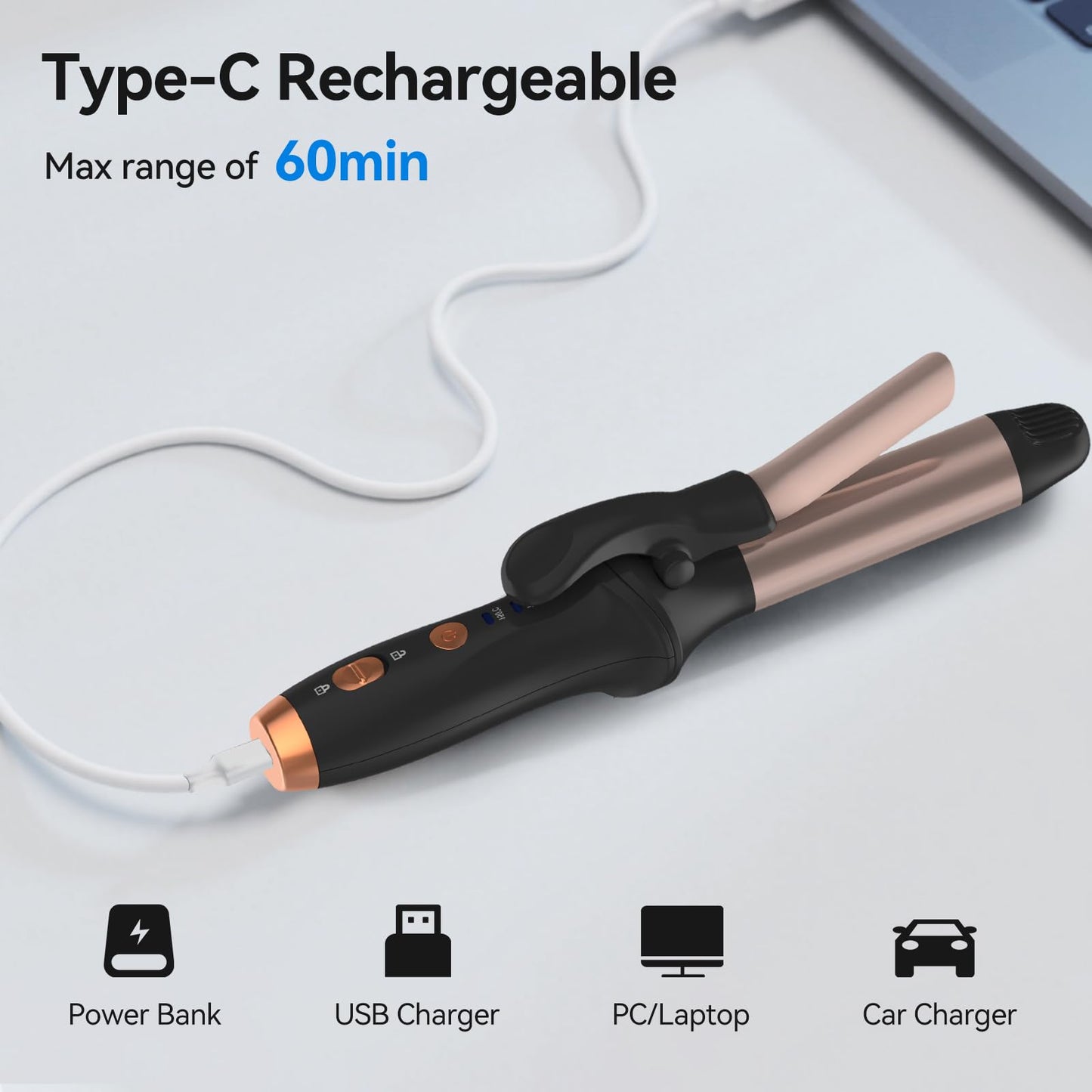 Cordless Curling Iron Mini Curling Iron, USB Rechargeable 4000 mAh 3 Temp Setting Travel Portable Hair Curler with 200 Million Negative Ion Cordless Hair Curler