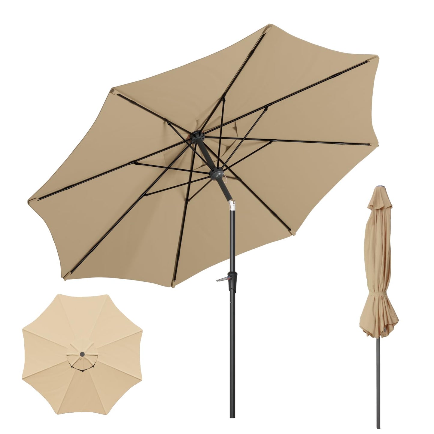 Benass 9ft Outdoor Patio Umbrella with One Push Button Tilt and Crank, 8 Sturdy Fiberglass Ribs Market Table Umbrella (Beige)