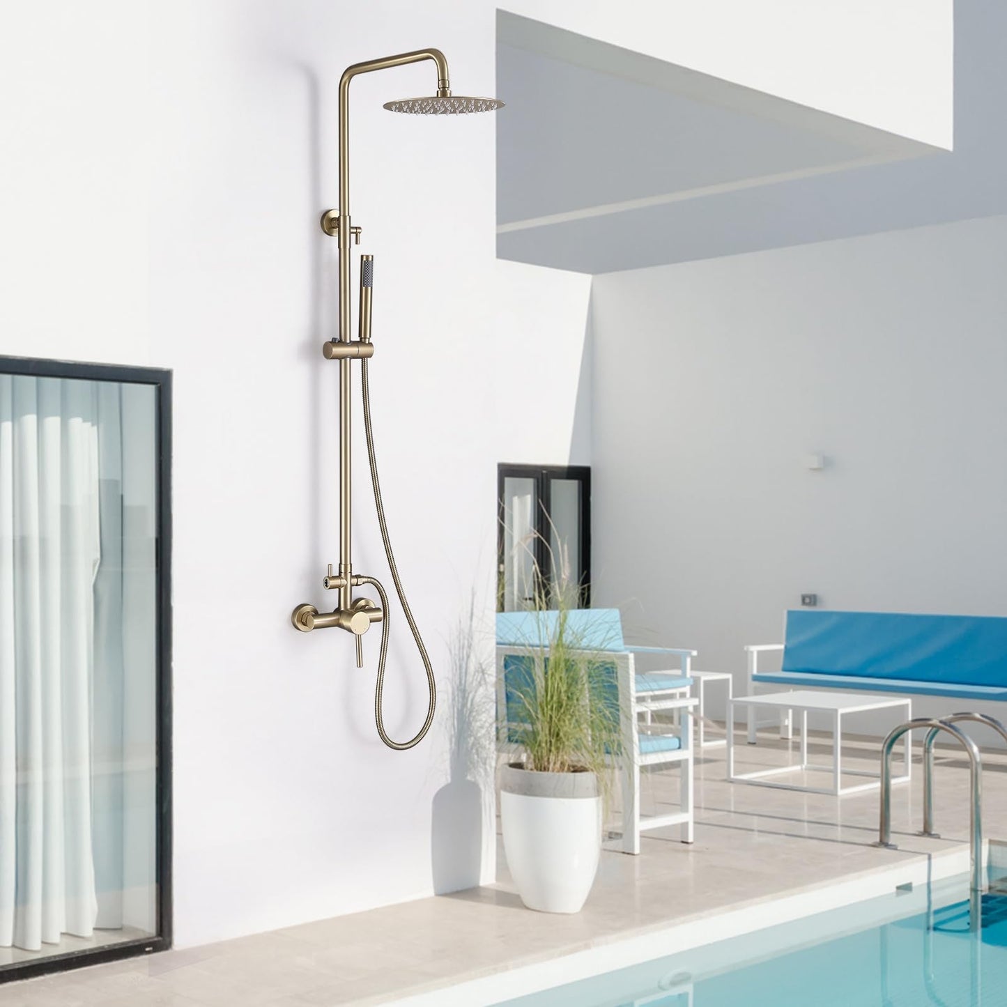 RBROHANT Outdoor Shower, Wall Mount Outdoor Shower Kit, Outside Shower Faucet with Height Adjustable Rain Shower Head and Handheld, Exposed Shower for Backyard, Wall Mounted, Brushed Gold, JK0147