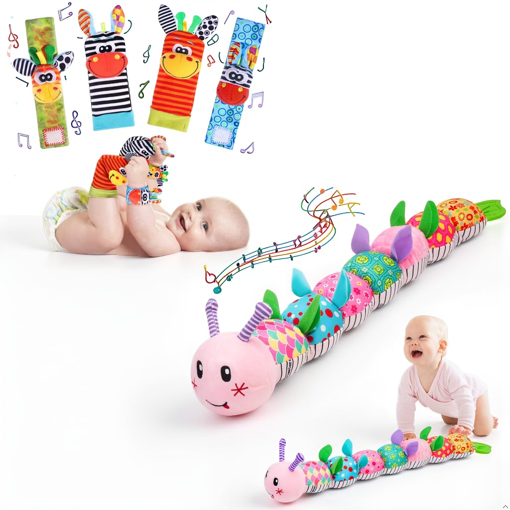Wrist Rattle Foot Finder Socks Set, Caterpillar Musical Plush Stuffed Toy for Infant, Baby Toys 0-12 Months, Newborn Boy& Girl Shower Birthday Halloween Christmas Gift