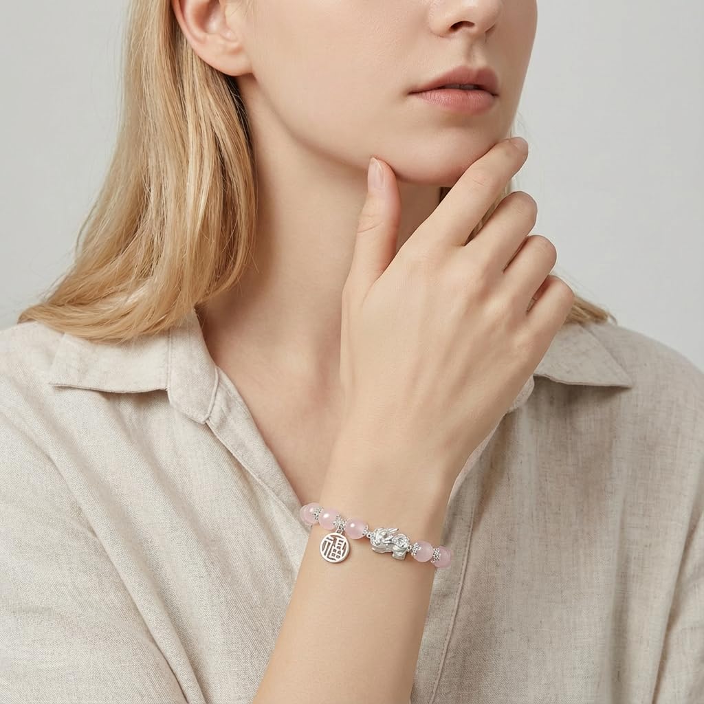 SoulPulse Lucky Pixiu Feng Shui Money Bracelet to Attract Wealth and Money,Elastic Pink Crystal Beaded Bracelets for Women Men,Fashion Charm Bracelet used for Work,Casual and Daily Wear
