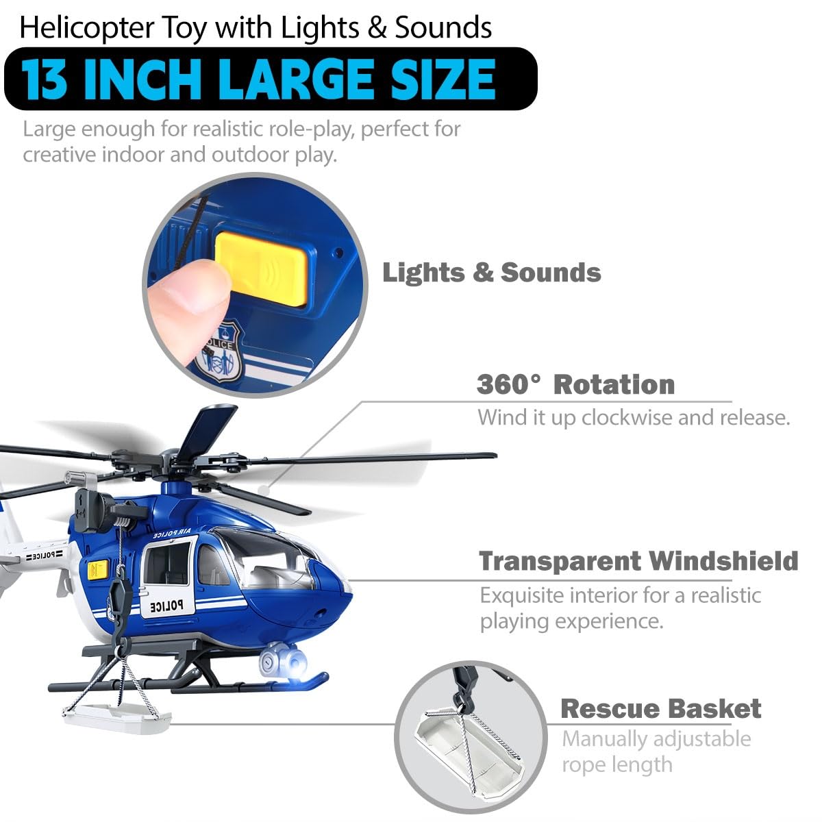 Toddler Boy Toys for 3 4 5 6 Year Old, big Helicopter Toy with Spinning Propellers, Hanging Basket, Lights & Sounds,Police Toys,Birthday Gifts for Kids Child 2 3 4 5 6 Years Old (Police helicopter)