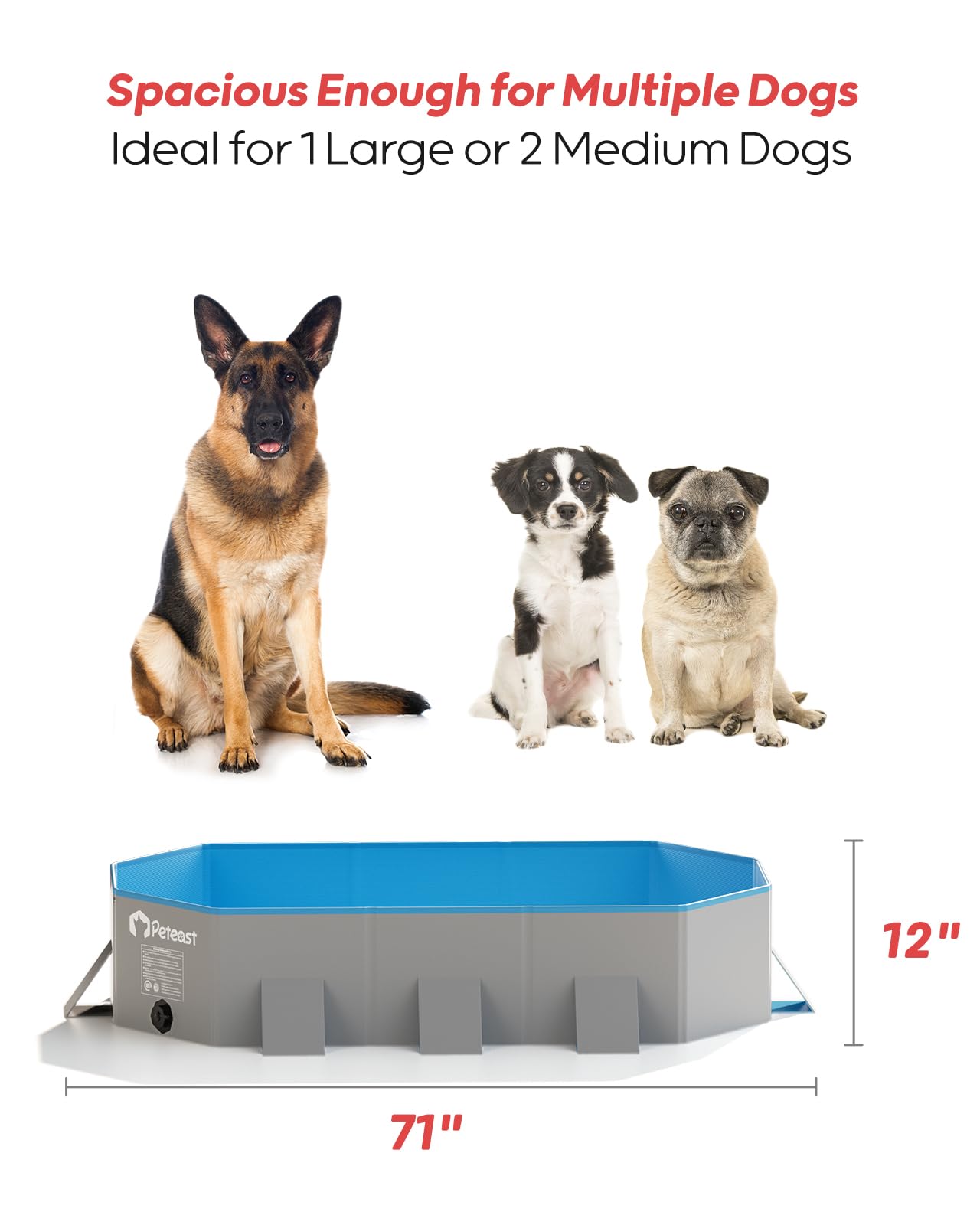 Peteast Foldable Dog Pool with Sturdy Square Design, Durable 71" Lx39 Wx12 D Extra Large Portable Pet Bathtub with Reinforced Sidewalls for Stability, Ideal for Indoor & Outdoor Use (Blue&Gray)