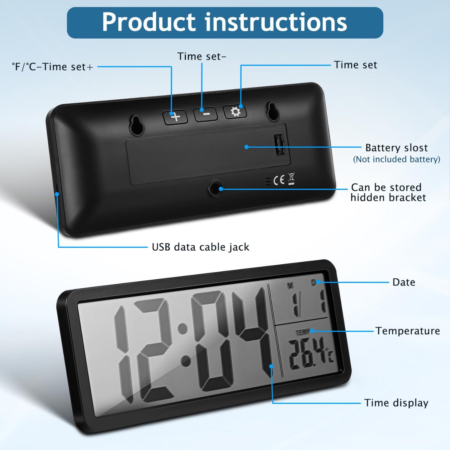 Cabilock Digital Wall Clock Battery Operated: Wall-Mounted LCD Display Clocks with Date Temperature, 12/24hr Silent Bedside Clock for Office Home Living Room Bedroom Kitchen