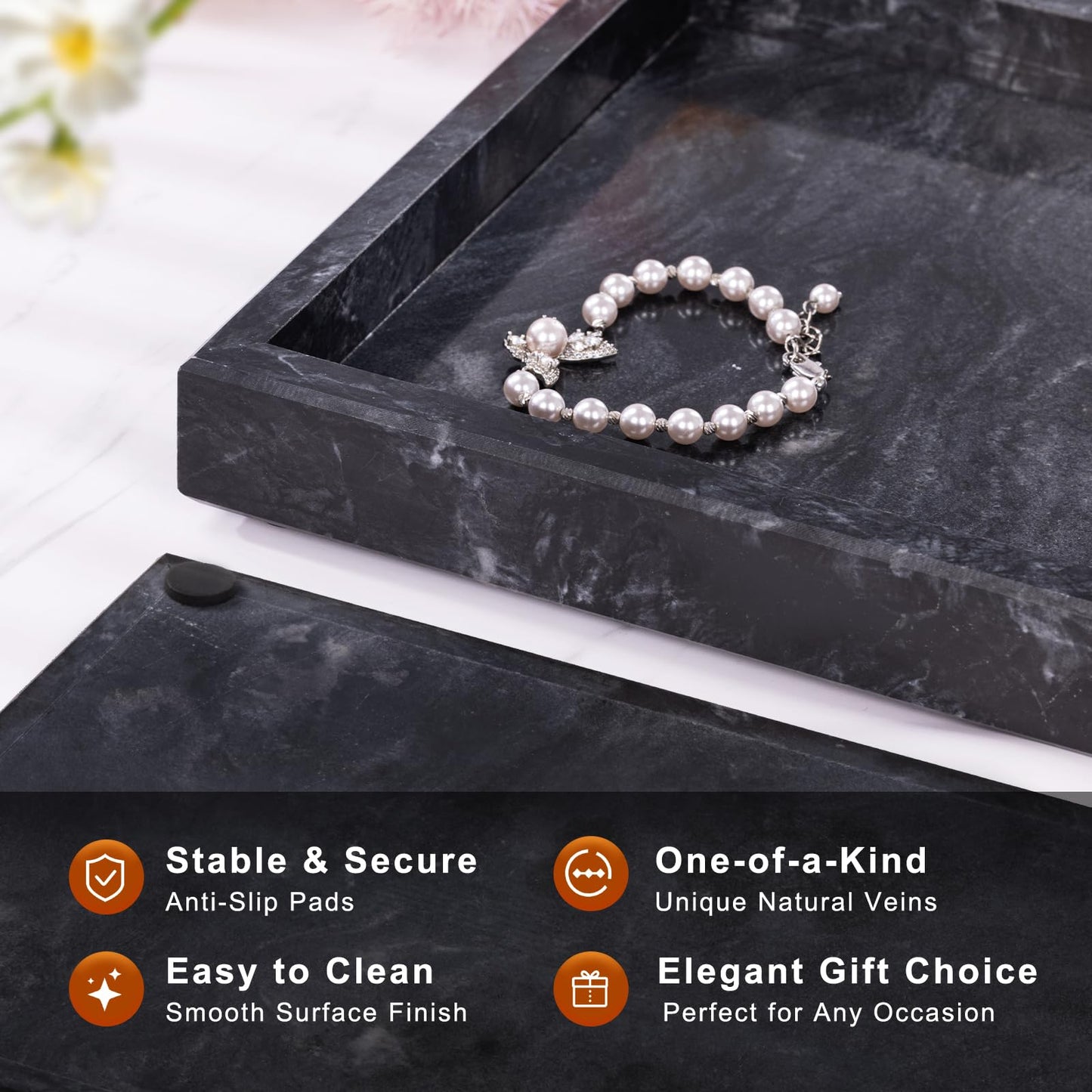 Homaura Marble Bathroom Tray for Countertop & Home Decor, Natural Decorative Marble Tray for Jewelry & Perfume Organizer, Luxury Stone Vanity Trays for Dresser, Kitchen Counter, 12" x 8", Gray Black
