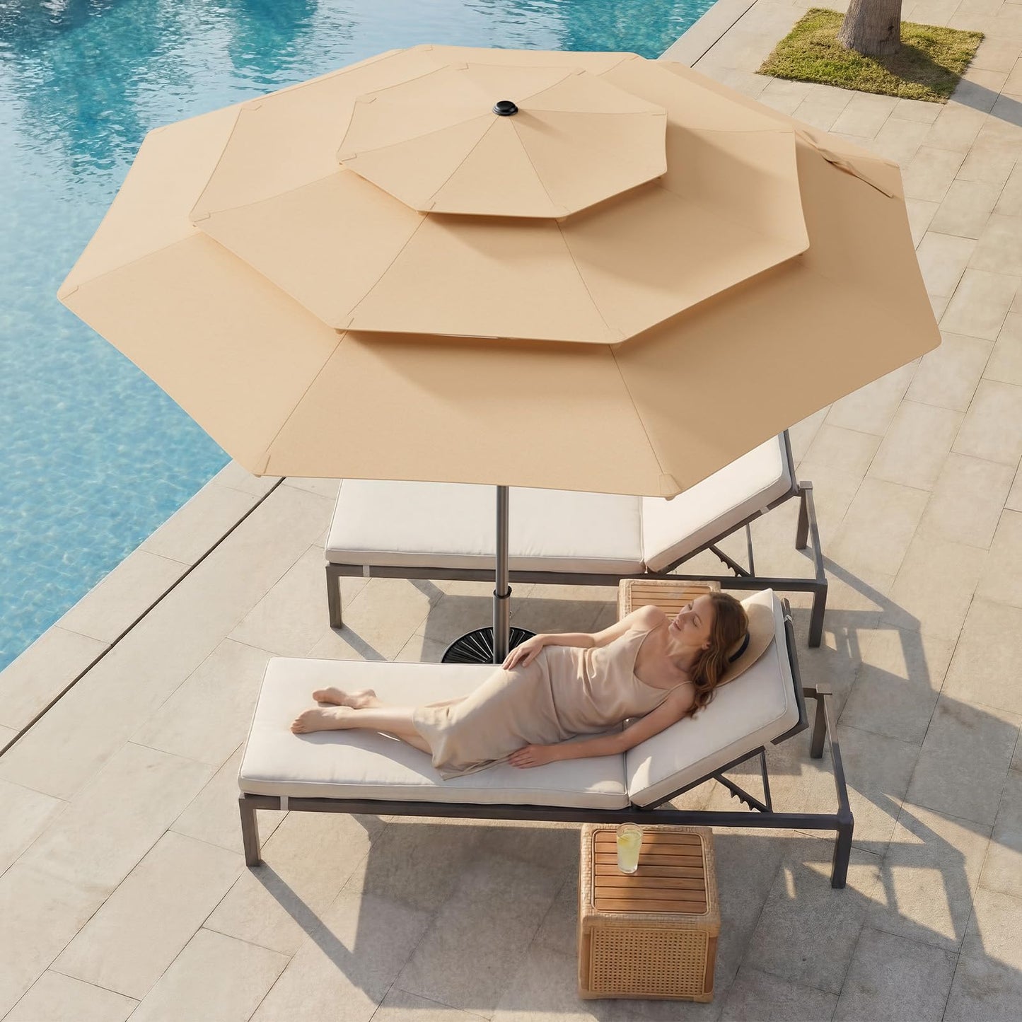 HOMSHADE 9FT 3-Tiers Outdoor Patio Umbrella with 5-Year Fade Resistant,Vented Outdoor Commercial Market Umbrella with UPF50+ UV Protection & Push Button Tilt and Crank for Pool,Backyard(Beige)