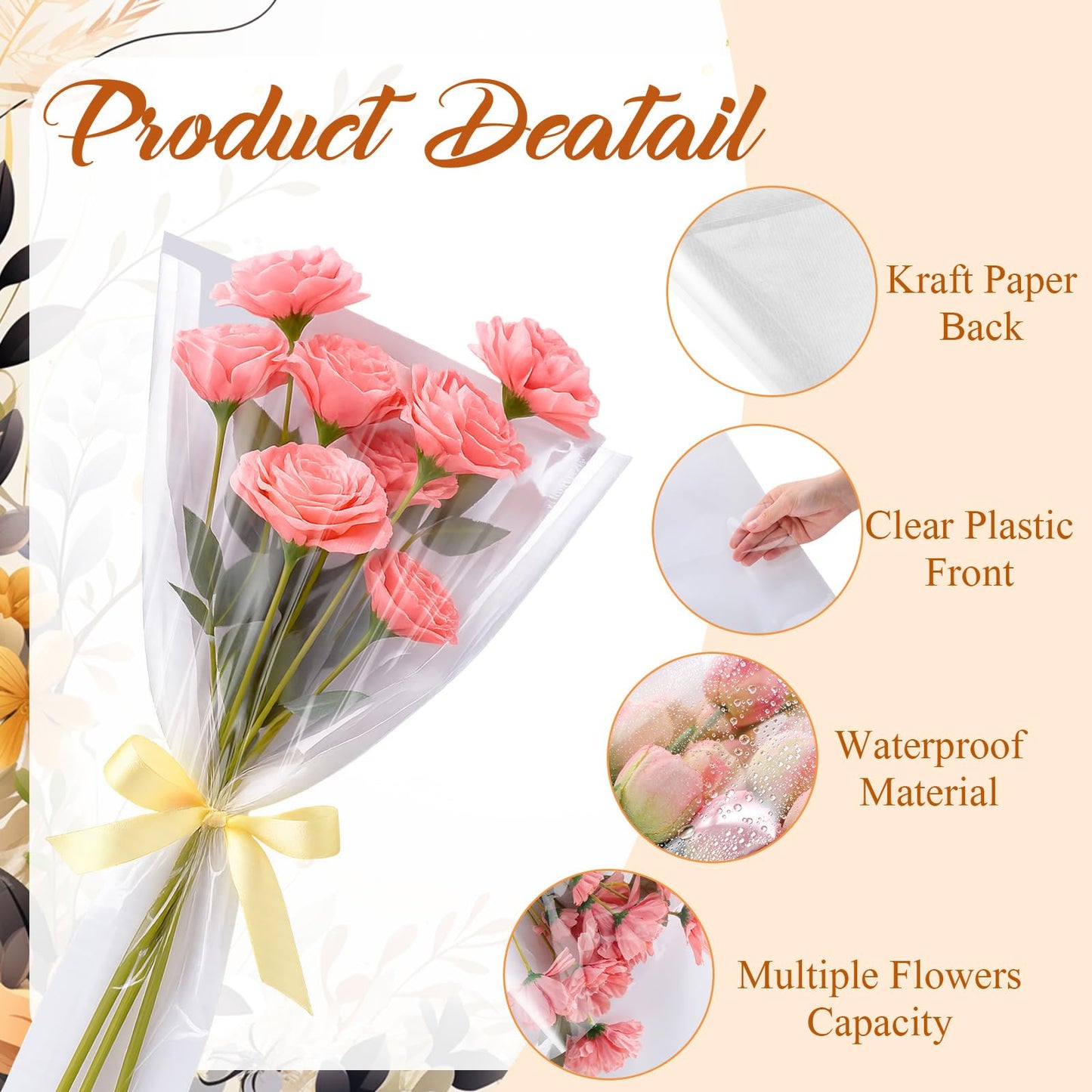 Fullhawl 50 Pcs Flower Bouquet Wrapping Bags 9.8 x 17.9 Inch and 14.2 x 22 Inch Mother's Day Kraft Paper Flower Sleeves Floral Bags with Ribbons for Bouquet Wedding Birthday Graduation (White)