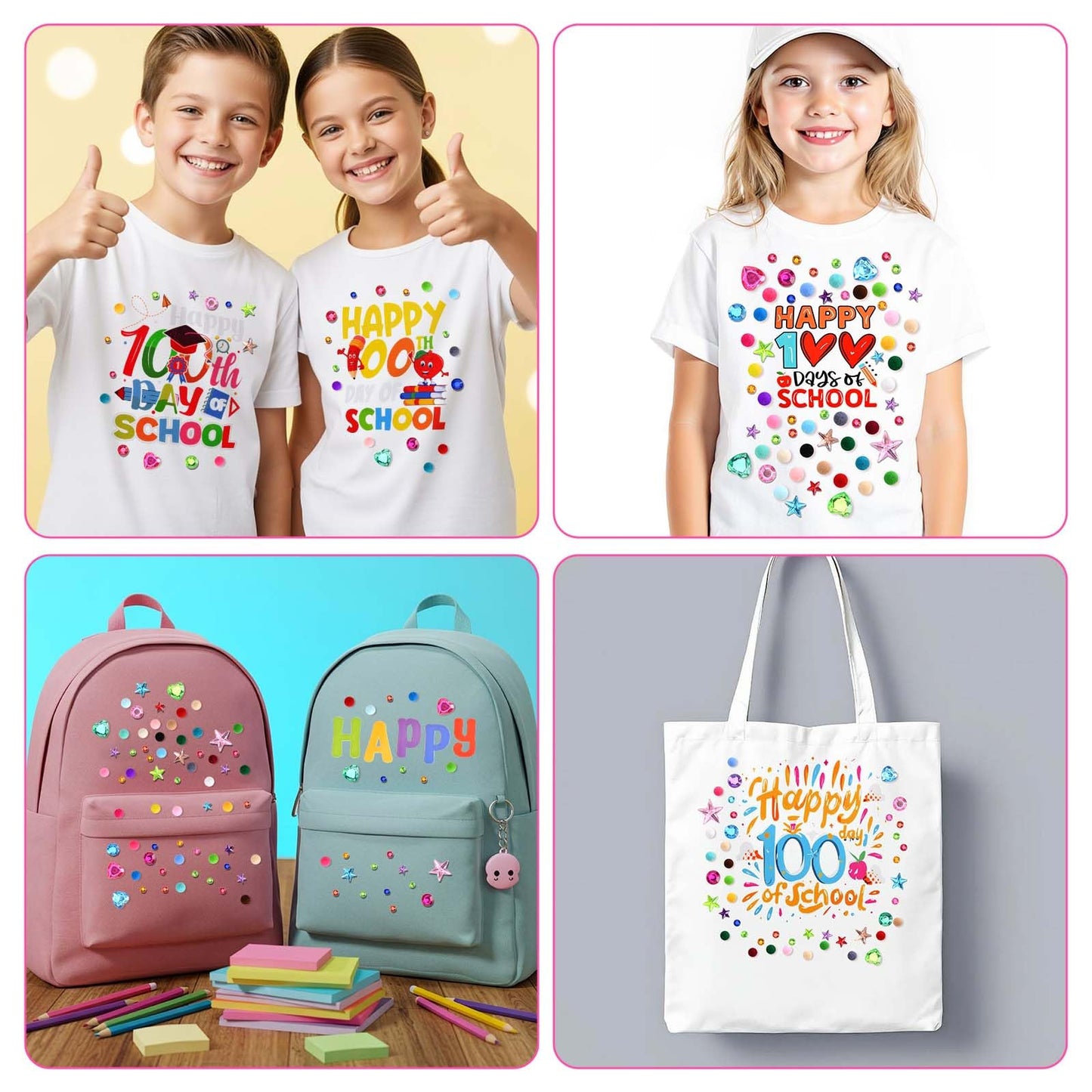 16 Sets 100 Days of School Craft Kit Iron on Transfers Stickers DIY Iron on Heat Transfer Decals with Pom Pom Ball Dot Stickers Gems Number Stickers for Clothing Shirt Bag Classroom Appliques Craft
