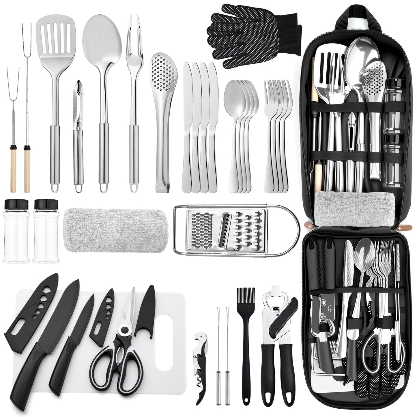THTYBROS Portable Camping Kitchen Utensil 34 Pcs Set- Cookware Kit, Stainless Steel Outdoor Cooking and Grilling Utensil Organizer Travel Set Perfect for Travel, Picnics, RVs, Camping, BBQs, Parties