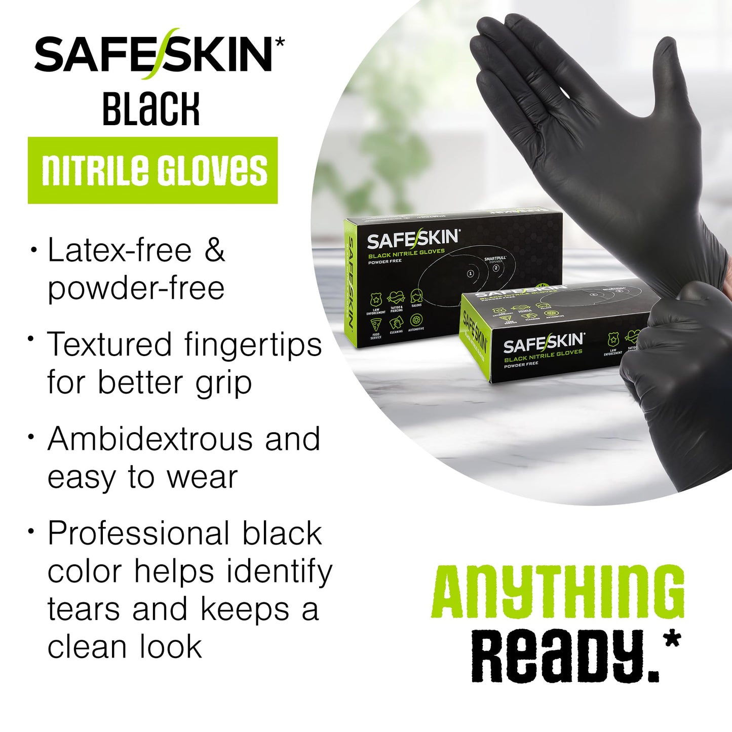 SAFESKIN Black Nitrile Disposable Gloves Powder Free Latex Free Tattoo, Food Prep, Auto Salons, Cleaning, Law Enforcement, 3.5 mil, Size Medium, Box of 100