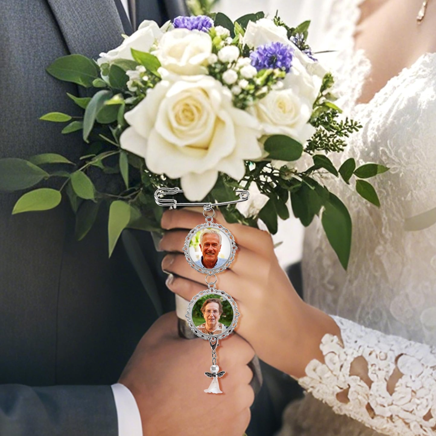 12 Sets Wedding Bouquet Photo Charm Sublimation Blanks,Memorial Keepsake Brooch Making Kit for Mother/Father of Bride/Groom,Custom Bridal Boutonniere Pin, Something Blue Funeral Death Anniversary