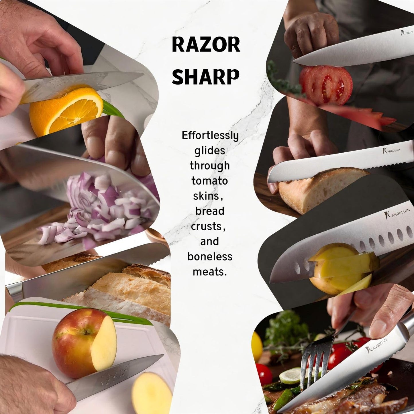 Kangdelun Ultra Sharp 15-Piece Kitchen Knife Set, High Carbon Stainless Steel Blades, Torrefied Natural Wood Handles, Ergonomic Design, Space-Saving White-Finished Wood Block, Easy Hand Wash, Gift Box