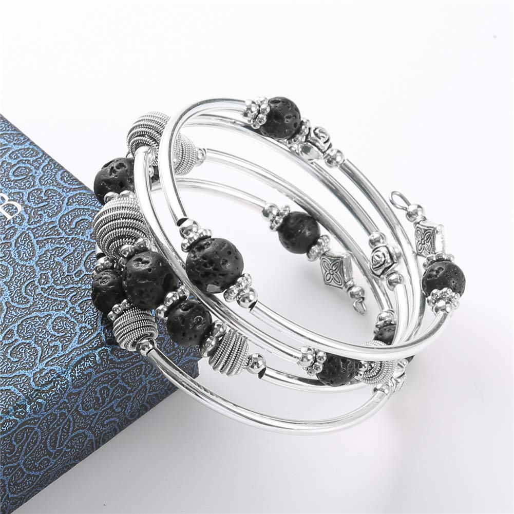 PEARL&CLUB Beaded Chakra Bangle Turquoise Bracelet - Fashion Jewelry Wrap Bracelet with Thick Silver Metal and Mala Beads, Birthday Gifts For Women(Lava stone)