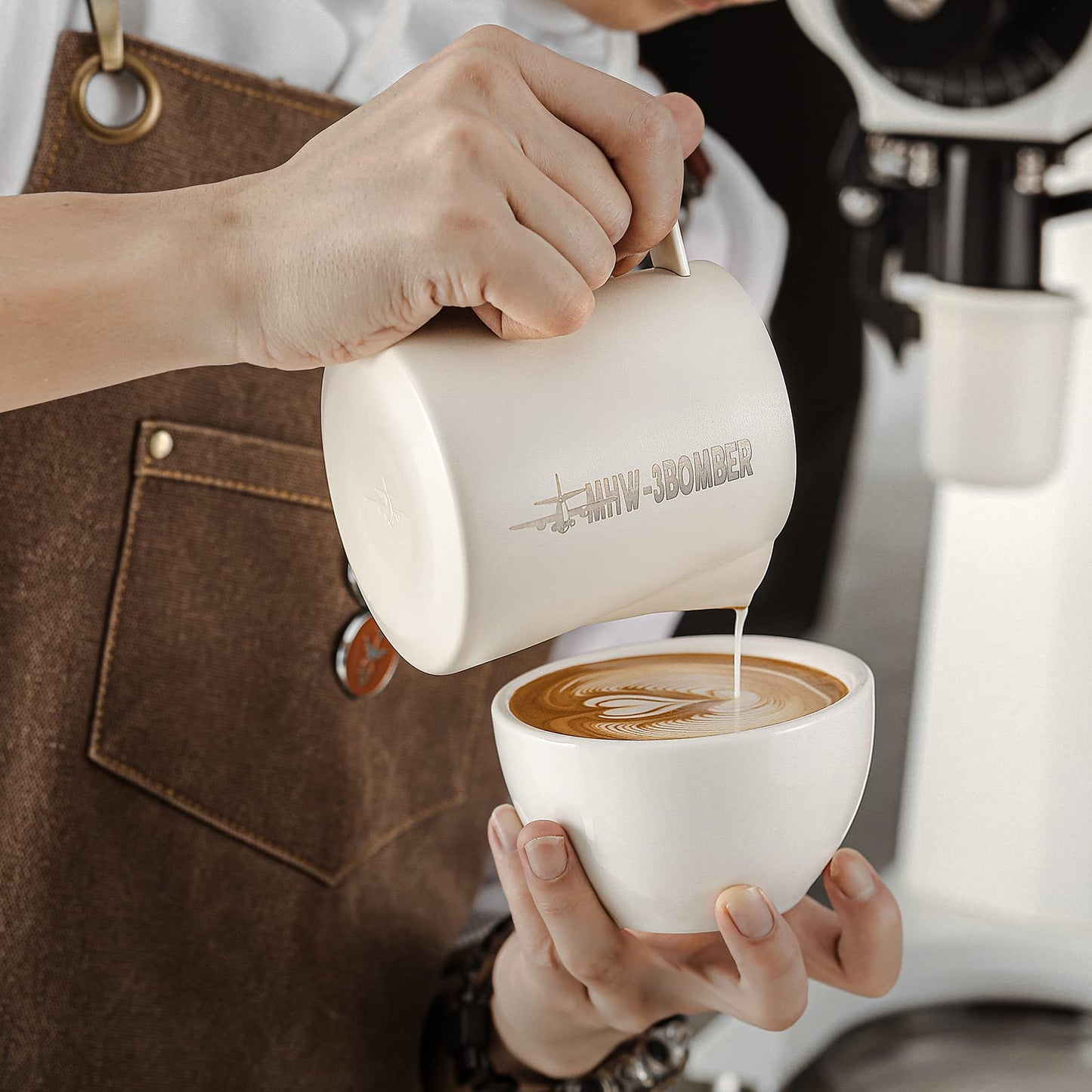 MHW-3BOMBER Latte Art Pitcher Stainless Steel Milk Frothing Pitcher Steamed Espresso Cup Barista Essentials (Cream White, 16.9oz/500ml) P5020W