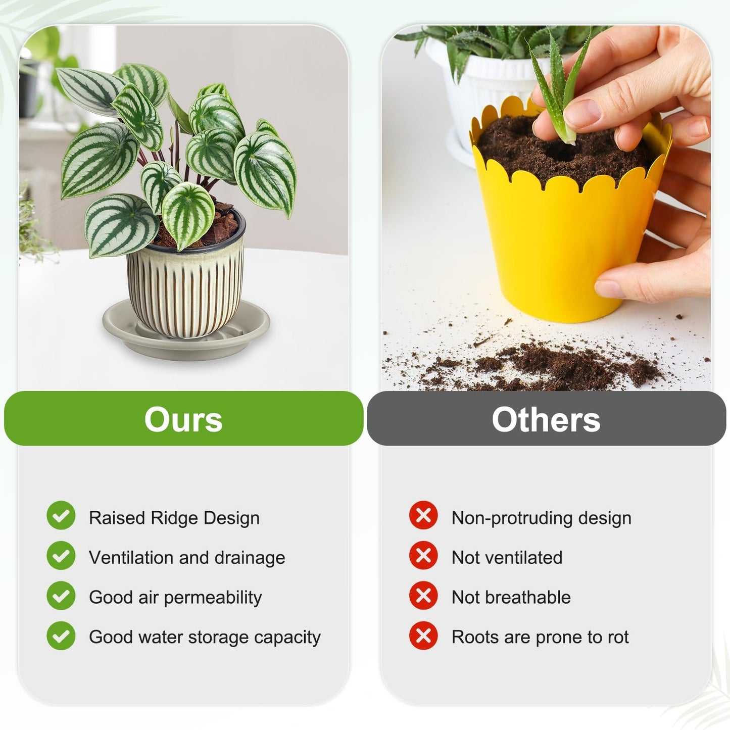 M METERXITY 2-Pack Plant Saucer, 6.5 Inch/ 16.5cm Plastic Plant Trays Thicker for Pots/Indoor/Outdoor/Water Drainage and Protection, Flowerpot Drip Tray [Grayish White]