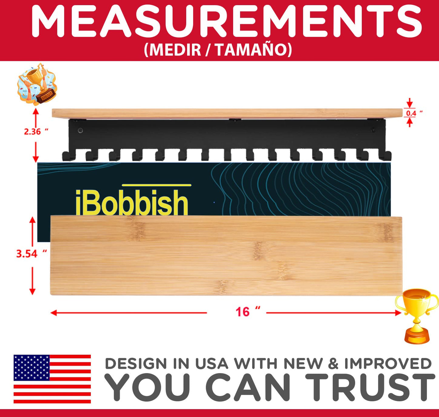 iBobbish Trophy Shelf with Hooks for Medals - Trophy Shelf for Wall Mount Ribbon Display, Trophy Shelves for Gymnastics, Soccer, Wrest,Running Race Medals Awards Rack,Gifts for Runners Luxurious