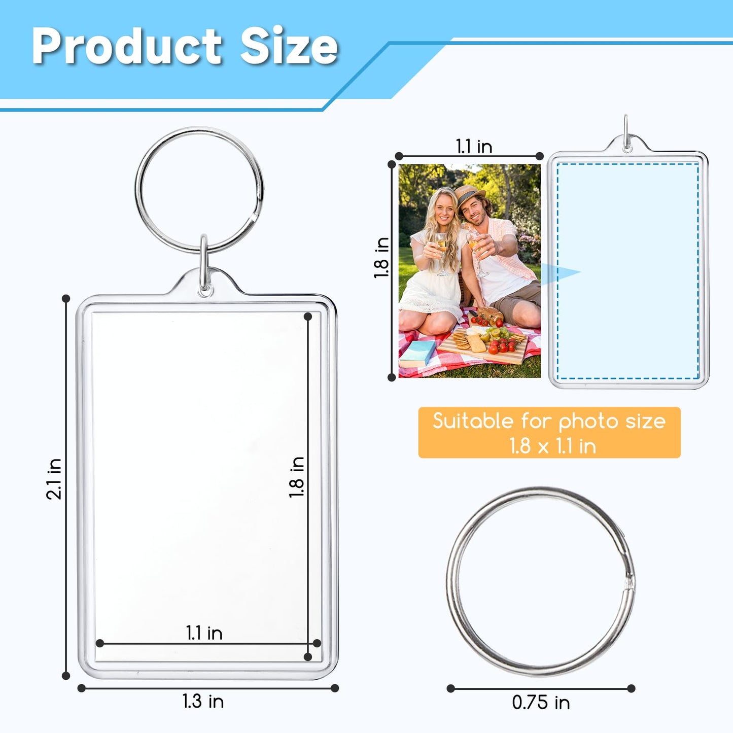 ZJJZGYXINTAI 24 Pcs Photo Keychain 1.8 x 1.1 in, Acrylic Clear Picture Keychain, Photo Insert Keychain, Blank Picture Frame Keyring for DIY Craft Personalised Favor Graduation Gift