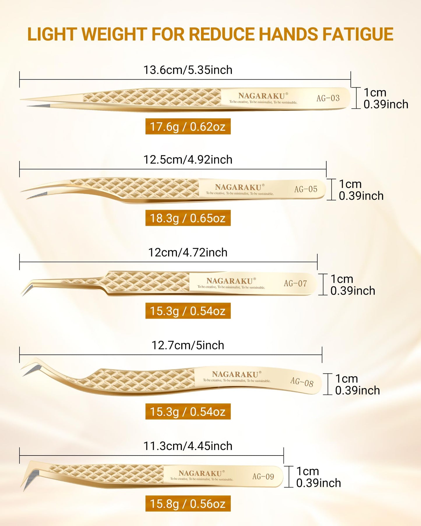 NAGARAKU Eyelash Tweezers Set, 5 PCS Precision Micro Fiber Tip Tweezer for Lash Extensions Antistatic Anti-Slip Straight and Curved Pinzas AG-03/AG-05/AG-07/AG-08/AG-09 with Box For Lash Artists