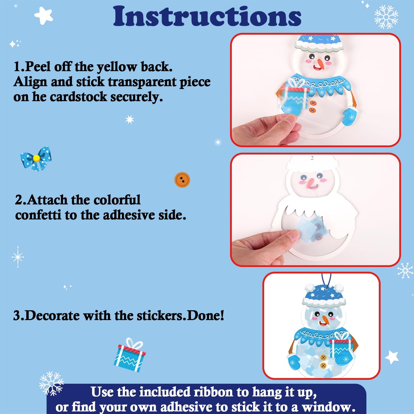 Renbuzhu 42PCS Winter Crafts Bulk: Snowman Paper Suncatchers DIY Kit for Christmas Holiday Activities Decorations, Window Stained Glass Effect Art Ornaments