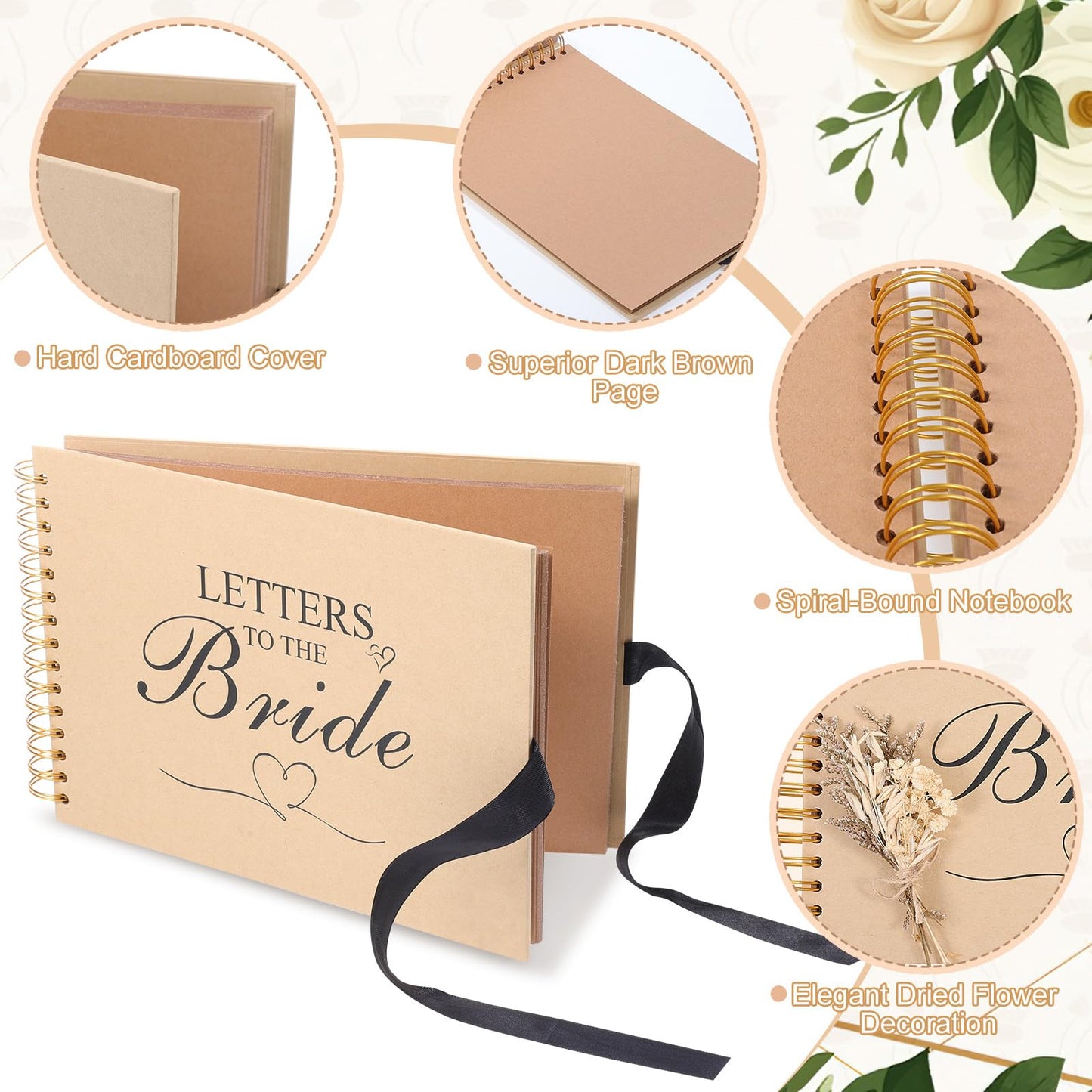12.6 x 8.3 Inch Letters to The Bride Scrapbook Wedding Memory Book Photo Album Kit with Pens Tapes Flower and Stickers 40 Pages Bridal DIY Blank Paper Scrapbook Hardcover for Lover Friend Kid Wedding