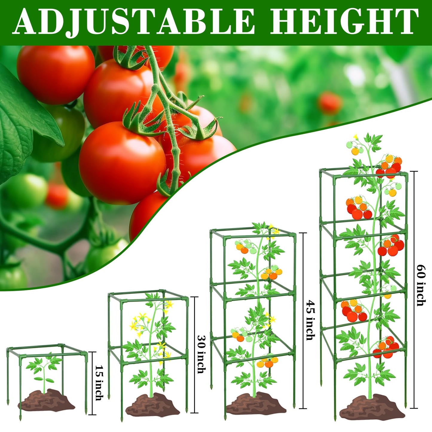 ZeeDix 4 Pack Tomato Cages for Garden 60 Inches, Heavy Duty Square Adjustable Tomato Trellis Cage Climbing Plant Support Trellis Plant Cages for Climbing Vegetables Flowers with 40Pcs Clips