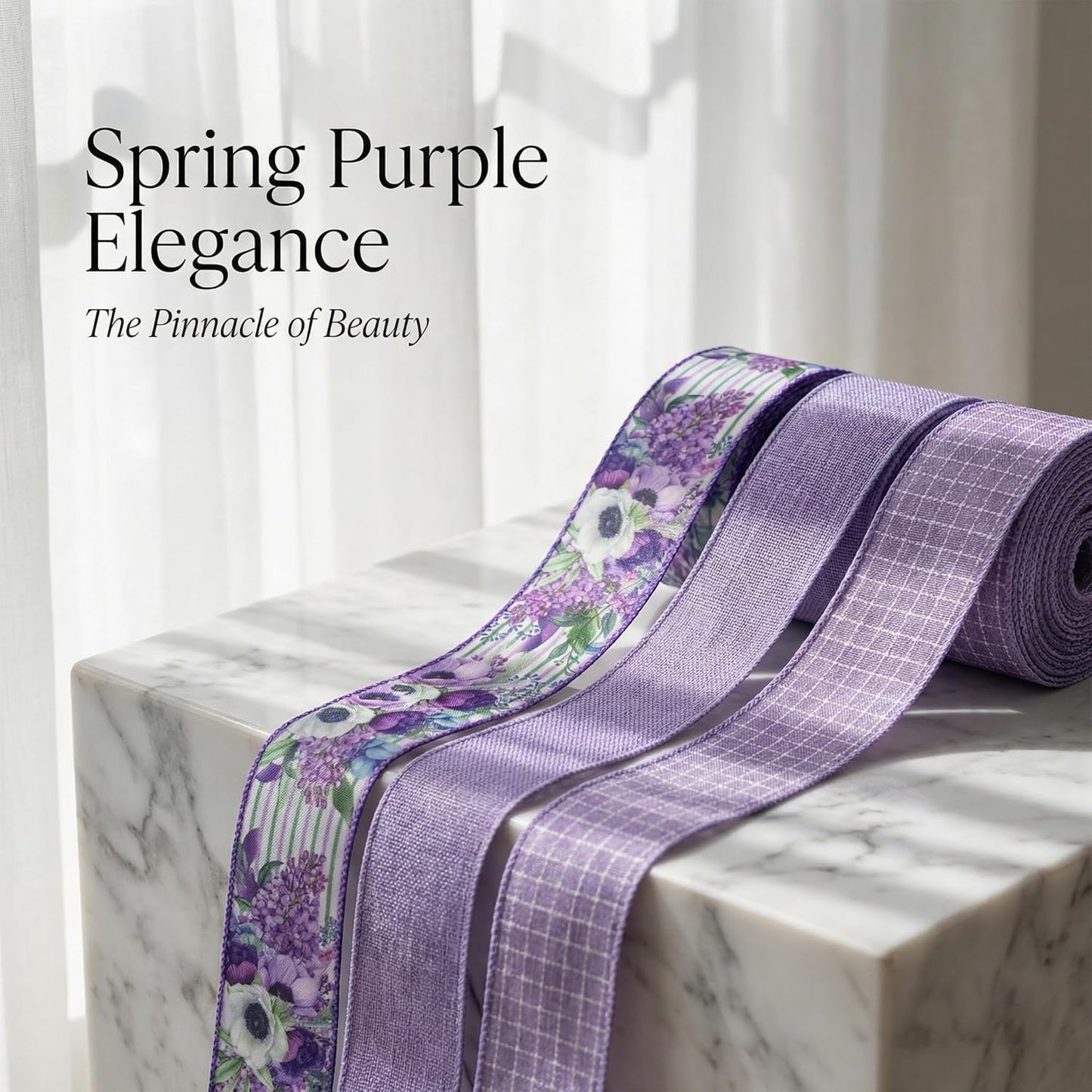Spring Summer Purple Floral Wired Ribbon, 2.5 InchX 15 Yards Burlap Ribbon for Wreath, Bows, Gift Wrapping, Mother's Day, Wedding & DIY Craft (Purple)