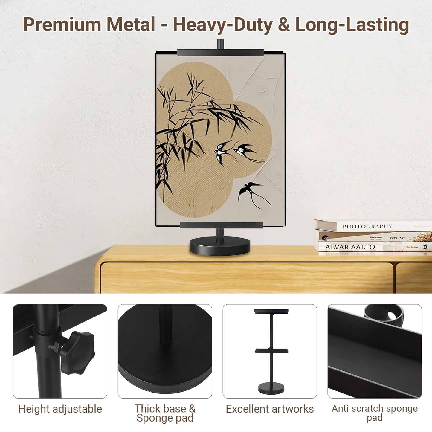 Easel Stand for Sign-Heavy Duty Tabletop Display Easel, Adjustable 28" Metal Picture Frame Stand for Wedding Signs, Art, Photos, French Style Table Top Easel, Plate Stands for Display (Black)