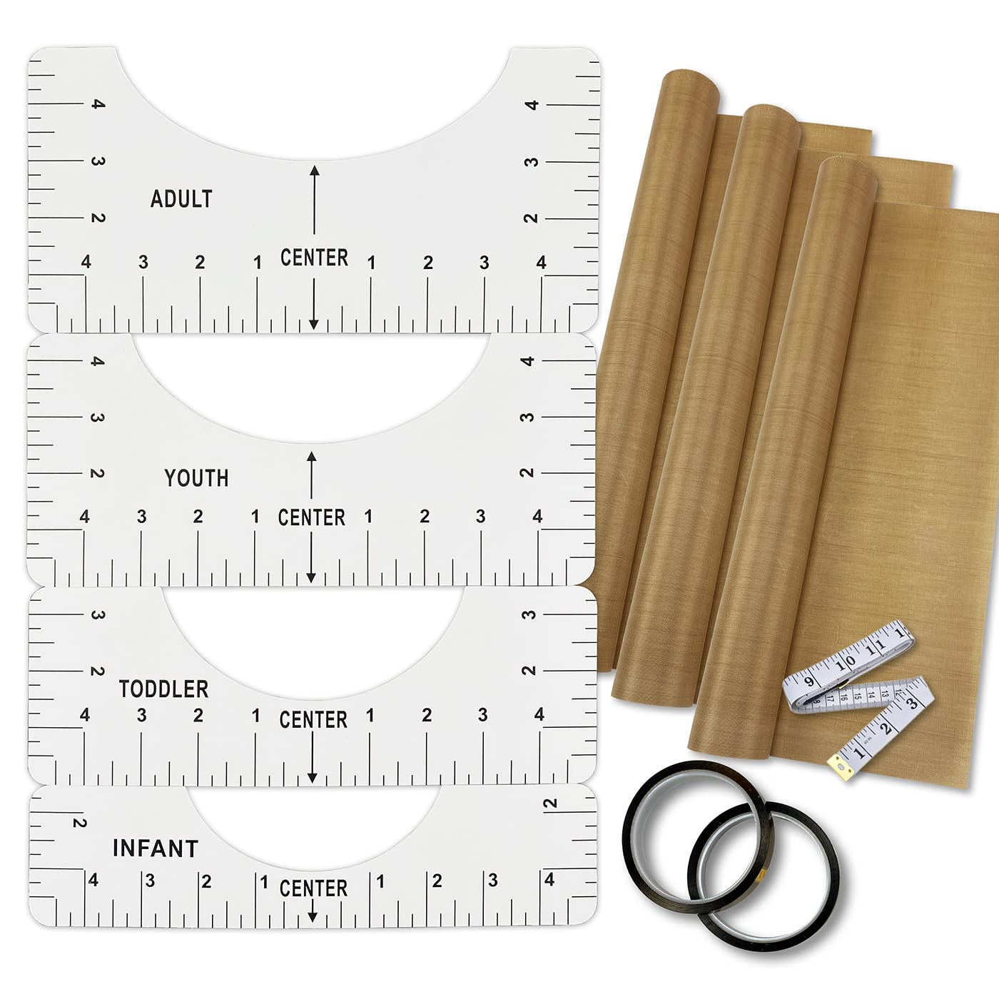 T-Shirt Alignment Ruler Heat Resistant Tape 10mm X 33m 108ft, PTFE Teflon Transfer Sheet 16 x 20-4 Rulers, 2 Rolls Heat Resistant Tape, 3 Packs PTFE Teflon Sheet and 1 Tape Measure Included