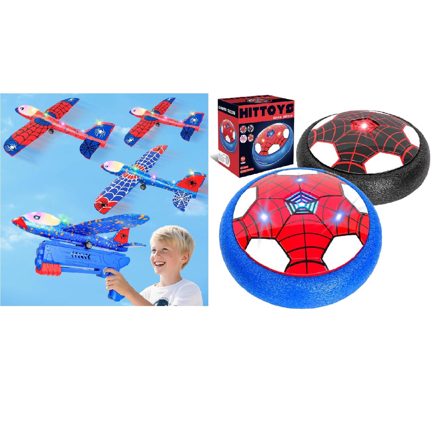 HitToys Airplane Launcher Toy for Kids&Hover Soccer Ball Toy for Kids, 3 Pack Spider Foam Gliders Air Planes,2 Pack Indoor Soccer Ball with Led Light for Old Boys Girls Sport Games Birthday