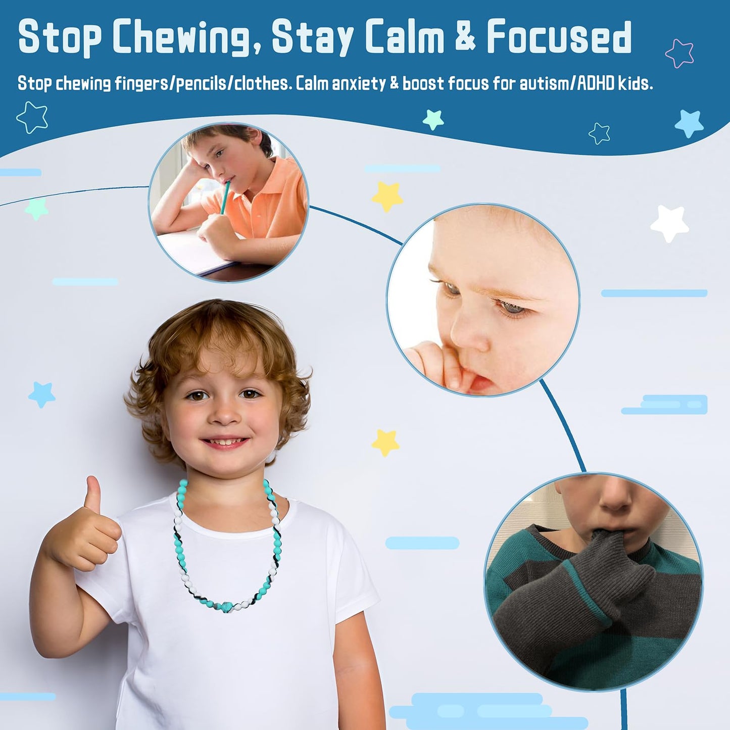 Chew Necklaces for Sensory Kids, 2 Pack Chewy Necklace Sensory to Reduces Anxiety and Stress, Integrated Safety Design Teething Necklace for Baby, BPA Free