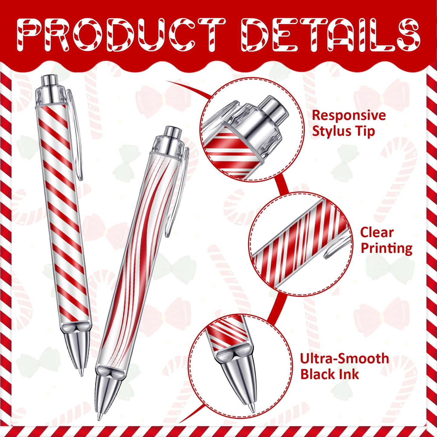 Epakh 24 Pcs Christmas Candy Cane Scented Pens Bulk with Peppermint Candy Scented Ink Ballpoint Pens Christmas Party Gifts Stocking Stuffers Holiday Classroom Gifts Stationery Supplies