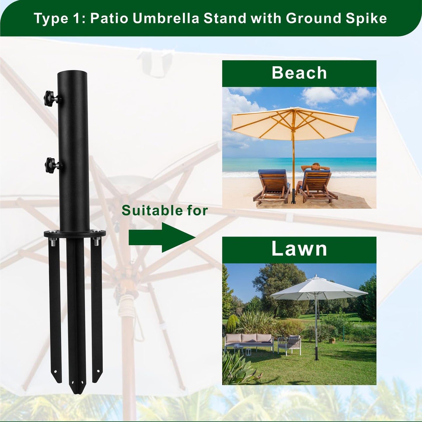 YZZHAJ Patio Umbrella Stand Base,Heavy Duty Outdoor Umbrella Holder with 3 Ground Spikes for Stability, Umbrella Holder Base for Beach, Deck, Lawn, Garden,Concrete