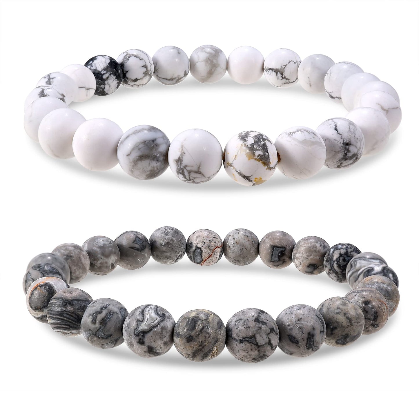 Bivei Natural Gemstone Healing Crystals Handmade 8mm Round Beads Bracelets Stretch Beaded Bracelet for Women Man(Frosted Picasso Jasper+Frosted White Howlite)