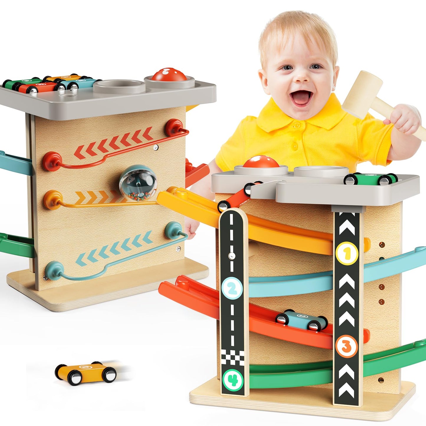 AmazingJoy Wooden Car Ramp Race Track 2-in-1 Pound Ball Toddler Toy Ball Drop Baby Toy Set Gift for 1 2 3 Year Old Boys Girls Montessori Developmental Learning Activity Interactive Birthday Present