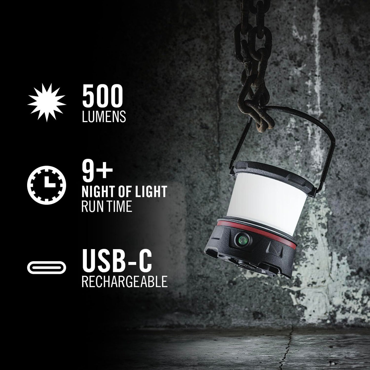 COAST EAL10R 500 Lumen Rechargeable Emergency Camping Lantern with Red Flashing Mode, Carabiner, Diffuser, Foldeable Handle, Moonglow™ Low Mode, 72 Hours of Runtime