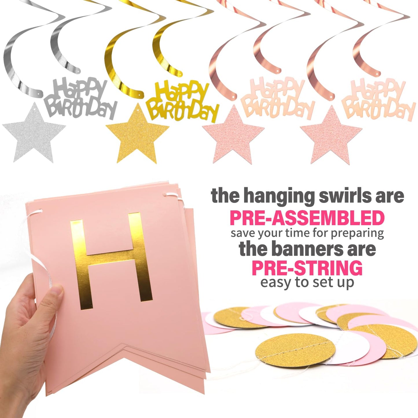 Birthday Decorations, NO DIY, Pre-Strung Happy Birthday Banner with Honeycomb Balls, Metallic paper Hanging Swirls Streamers, Circle Dots Garland, Party Paper Bunting for Women Men Boys Girls(Pink)
